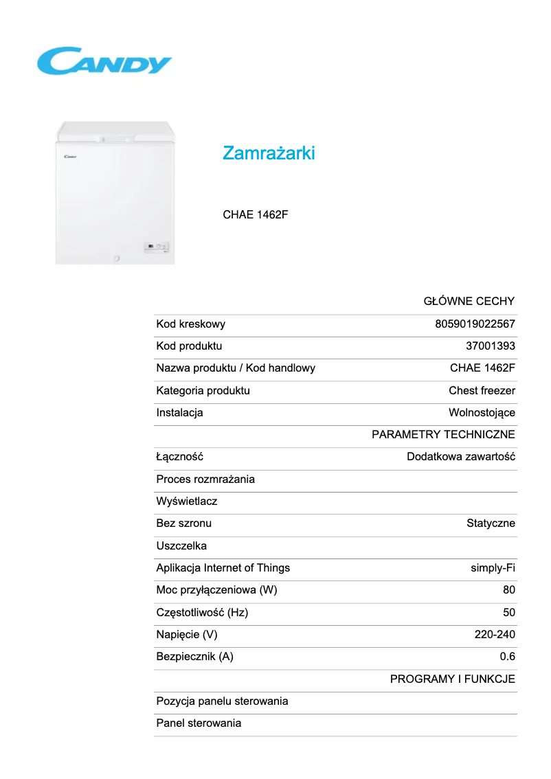 Page 1 de la notice Fiche technique Candy CHAE 1462F