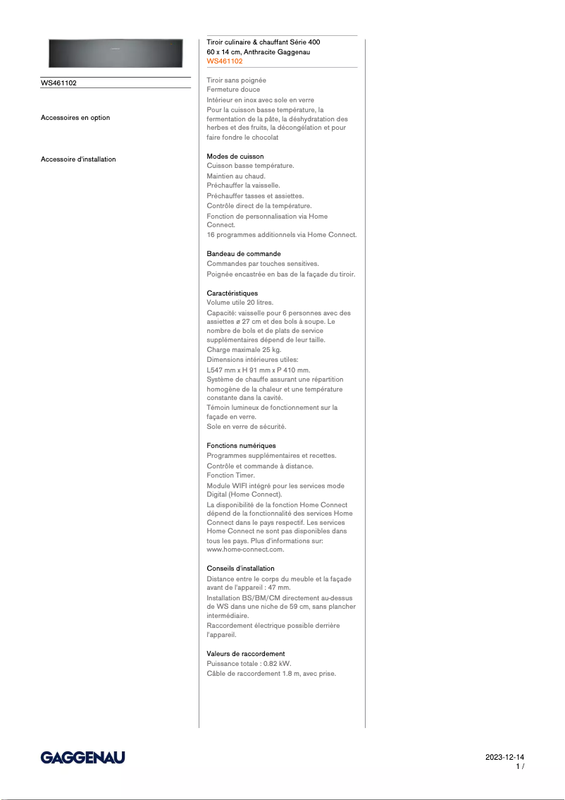 Page 1 de la notice Fiche technique Gaggenau WS461102