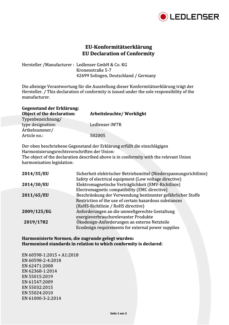 Page 1 de la notice Manuel utilisateur Ledlenser iW7R