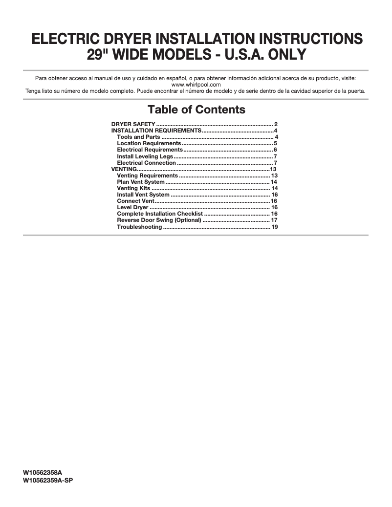 Page 1 de la notice Guide d'installation Whirlpool WED5000DW