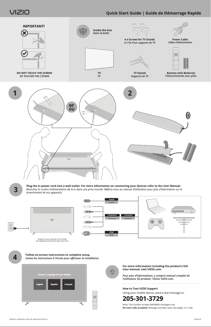 Page 1 de la notice Guide de démarrage rapide VIZIO V705-G3