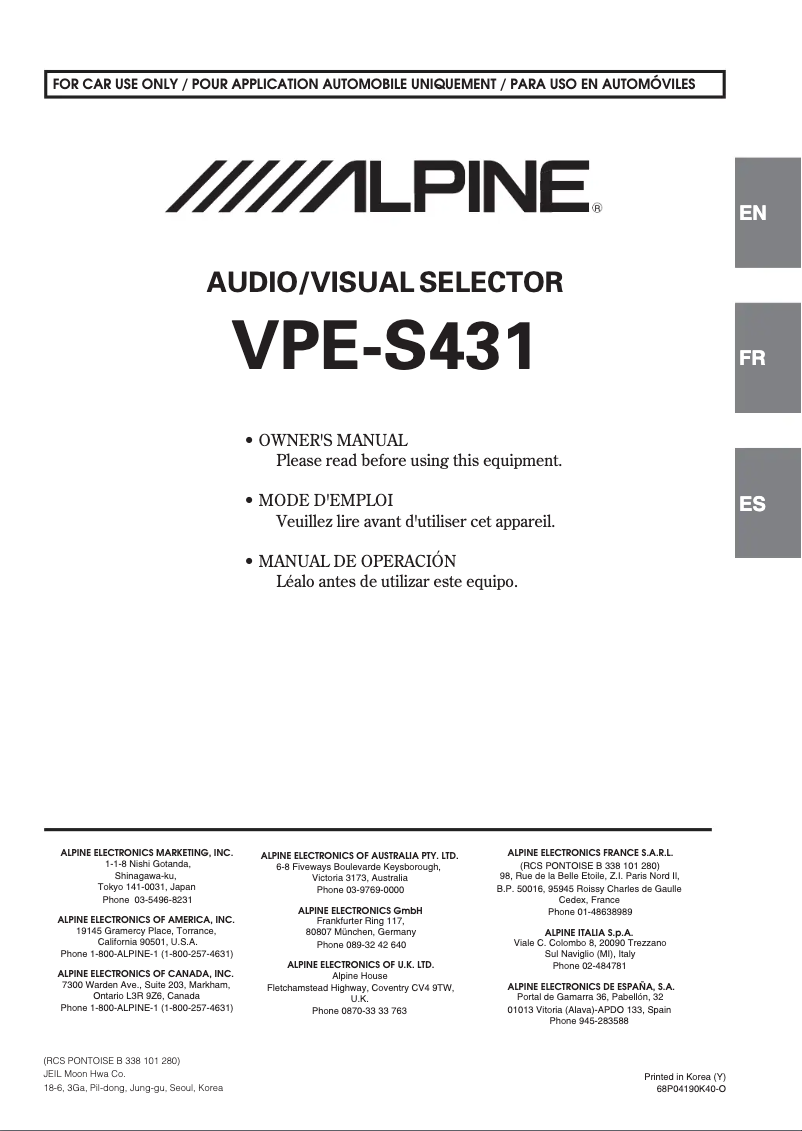 Page 1 de la notice Manuel utilisateur Alpine VPE-S431