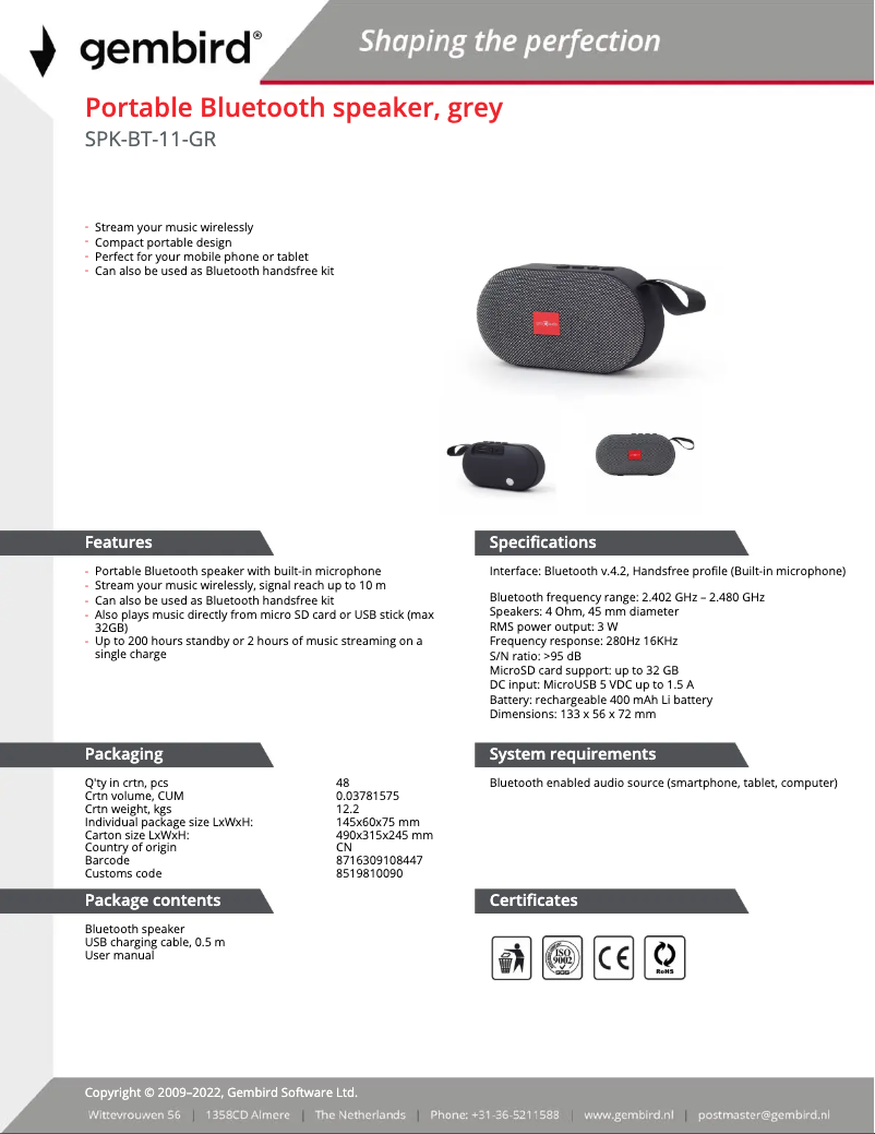 Page n°1 - Fiche technique Gembird SPK-BT-11
