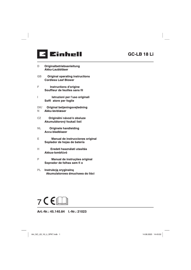 Page 1 de la notice Manuel utilisateur Einhell GC-LB 18 Li