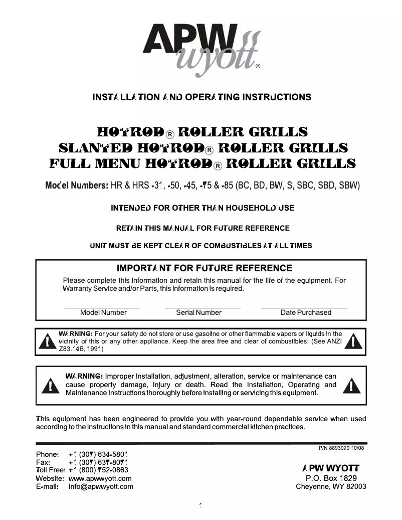 Page n°1 - Manuel utilisateur APW Wyott HRS-50SBC