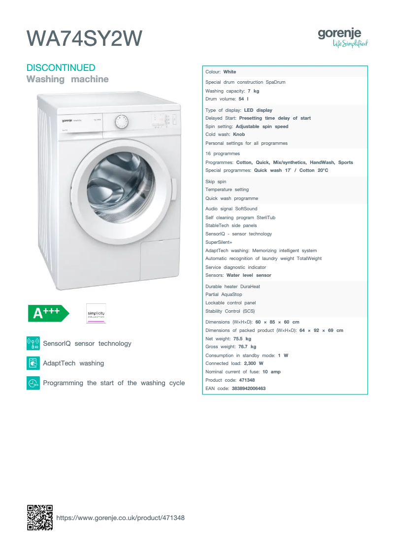 Page 1 de la notice Fiche technique Gorenje WA74SY2W