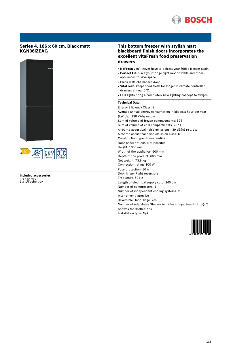 Page n°1 - Fiche technique Bosch KGN36IZEAG