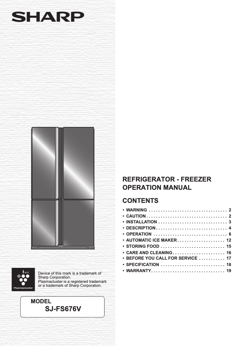 Page 1 de la notice Manuel utilisateur Sharp SJ-FS676V