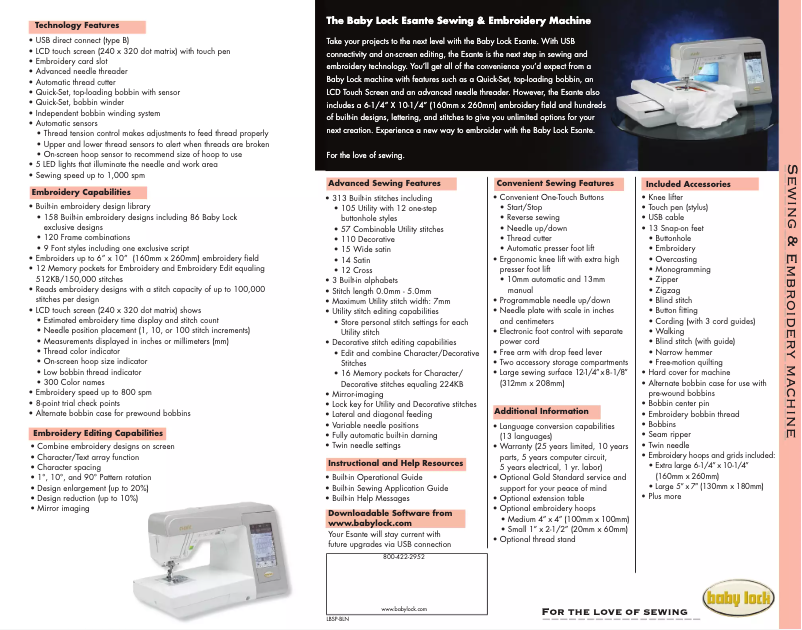 Page 1 de la notice Fiche technique Baby Lock Esante