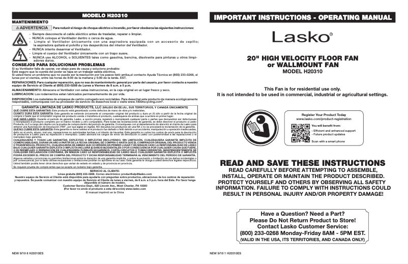 Page 1 de la notice Manuel utilisateur Lasko Max Performance H20310