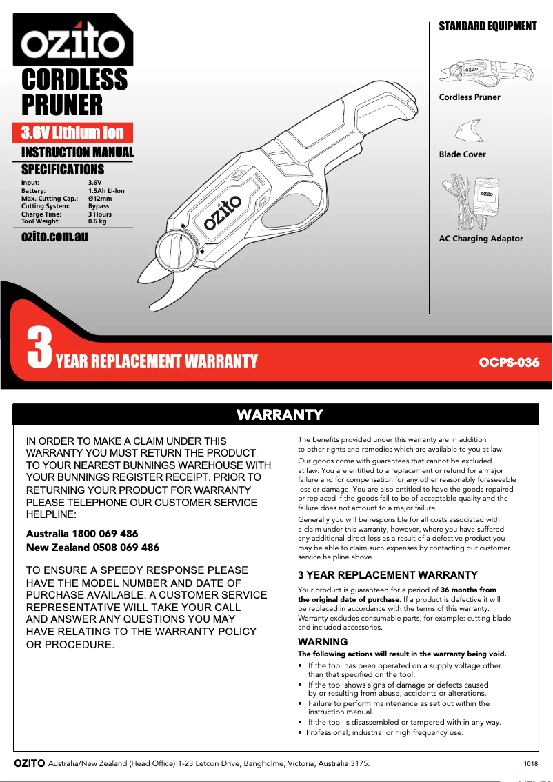 Page n°1 - Manuel utilisateur Ozito OCPS-036