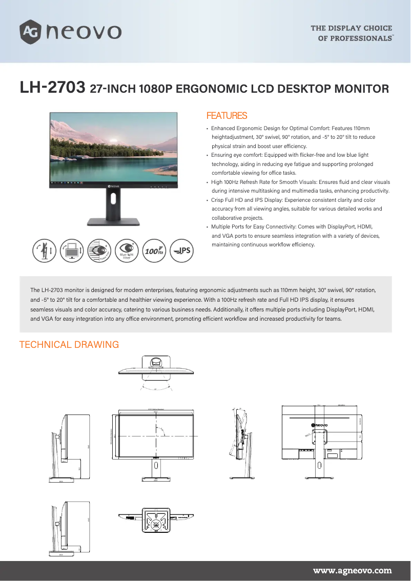Página 1 del manual Ficha técnica AG Neovo LH-2703