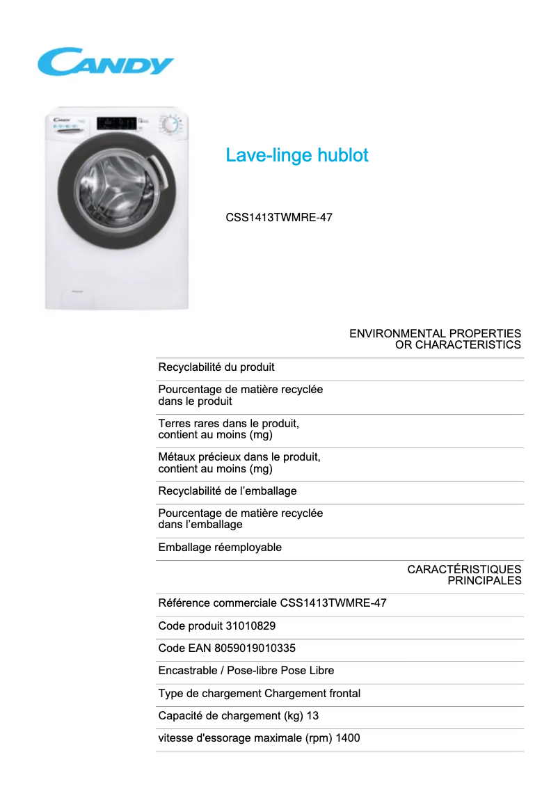 Page 1 de la notice Fiche technique Candy CSS1413TWMRE-47