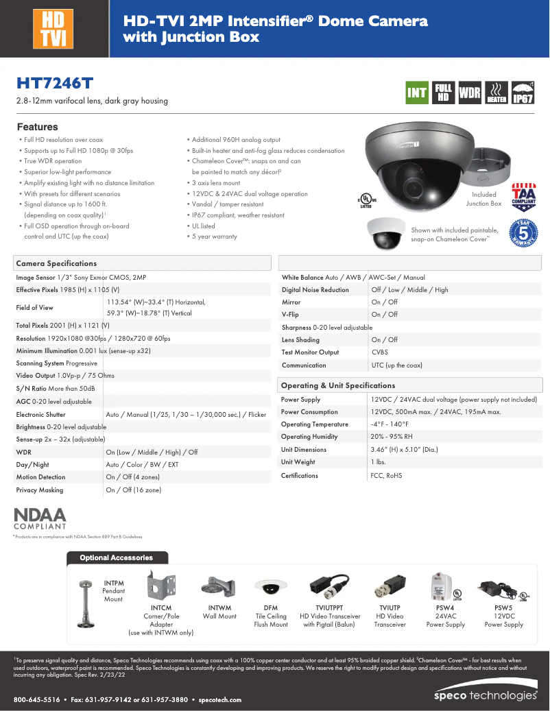 Page 1 de la notice Fiche technique Speco Technologies HT7246T