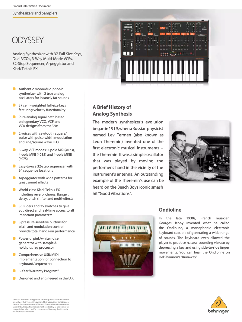 Page 1 de la notice Fiche technique Behringer ODYSSEY