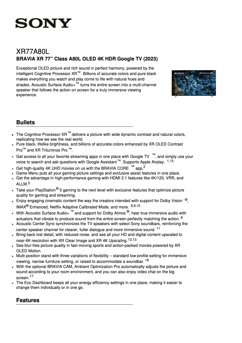 Page 1 de la notice Fiche technique Sony XR-77A80L