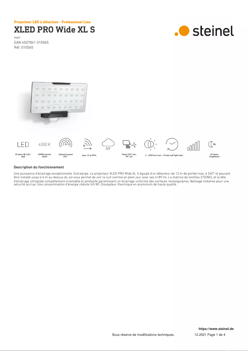 Page 1 de la notice Fiche technique Steinel XLED PRO Wide XL S