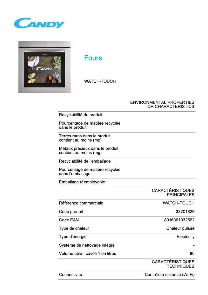 Page 1 de la notice Fiche technique Candy WATCH-TOUCH