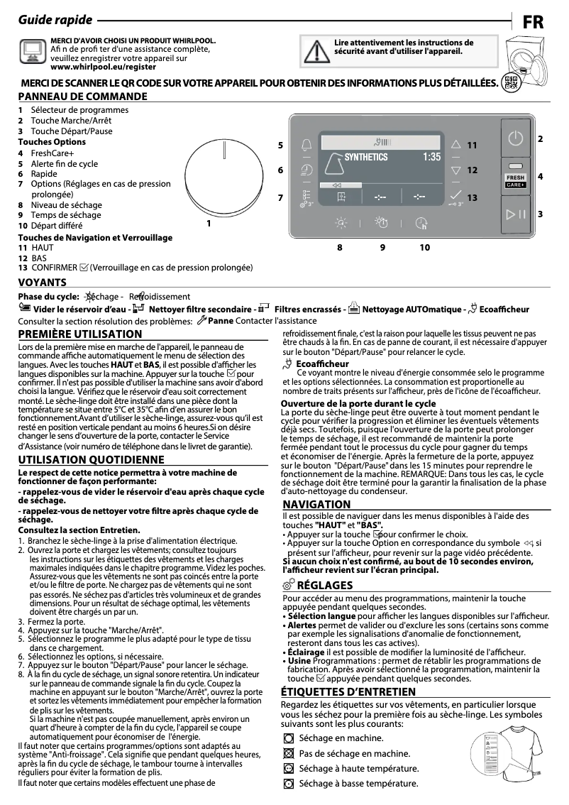 Página 1 del manual Manual de uso y mantenimiento Whirlpool W7X D95WR FR