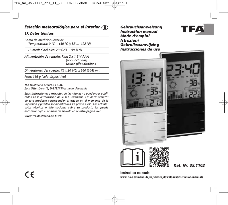 Page 1 de la notice Manuel utilisateur TFA Komfort 35.1102.01