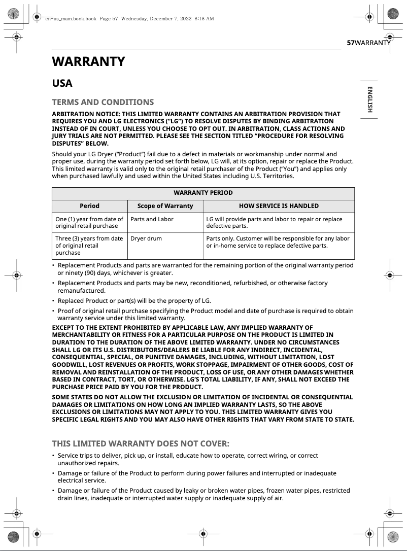 Page 1 de la notice Informations de garantie LG DLEX6500B
