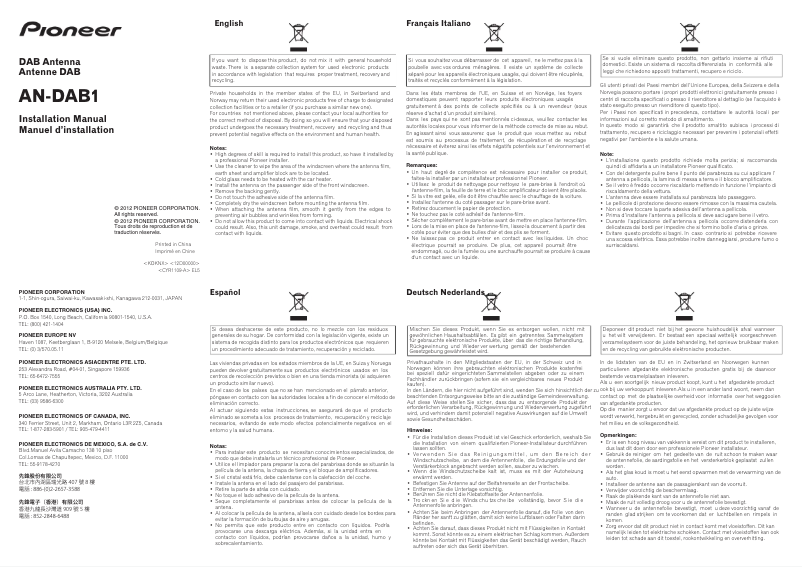 Page 1 de la notice Manuel utilisateur Pioneer AN-DAB1