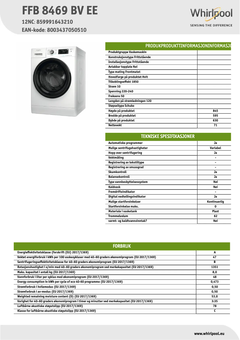 Página 1 del manual Ficha técnica Whirlpool FFB 8469 BV EE