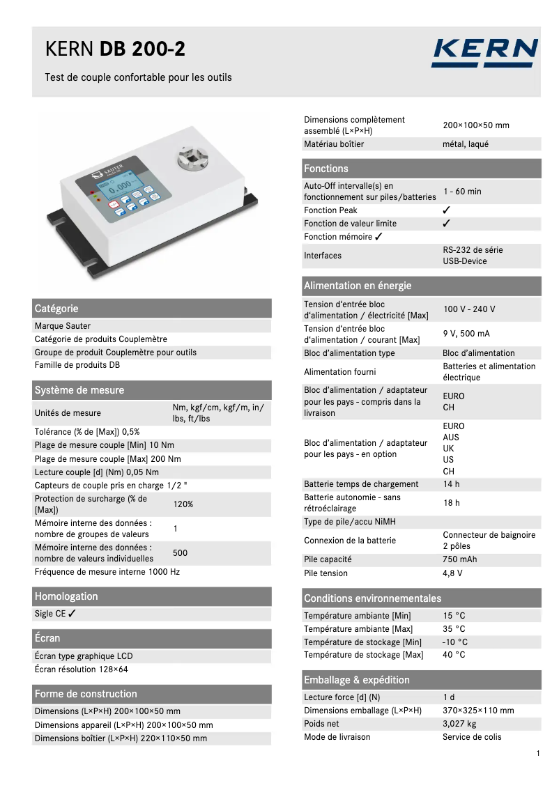 Page 1 de la notice Fiche technique Kern DB 200-2