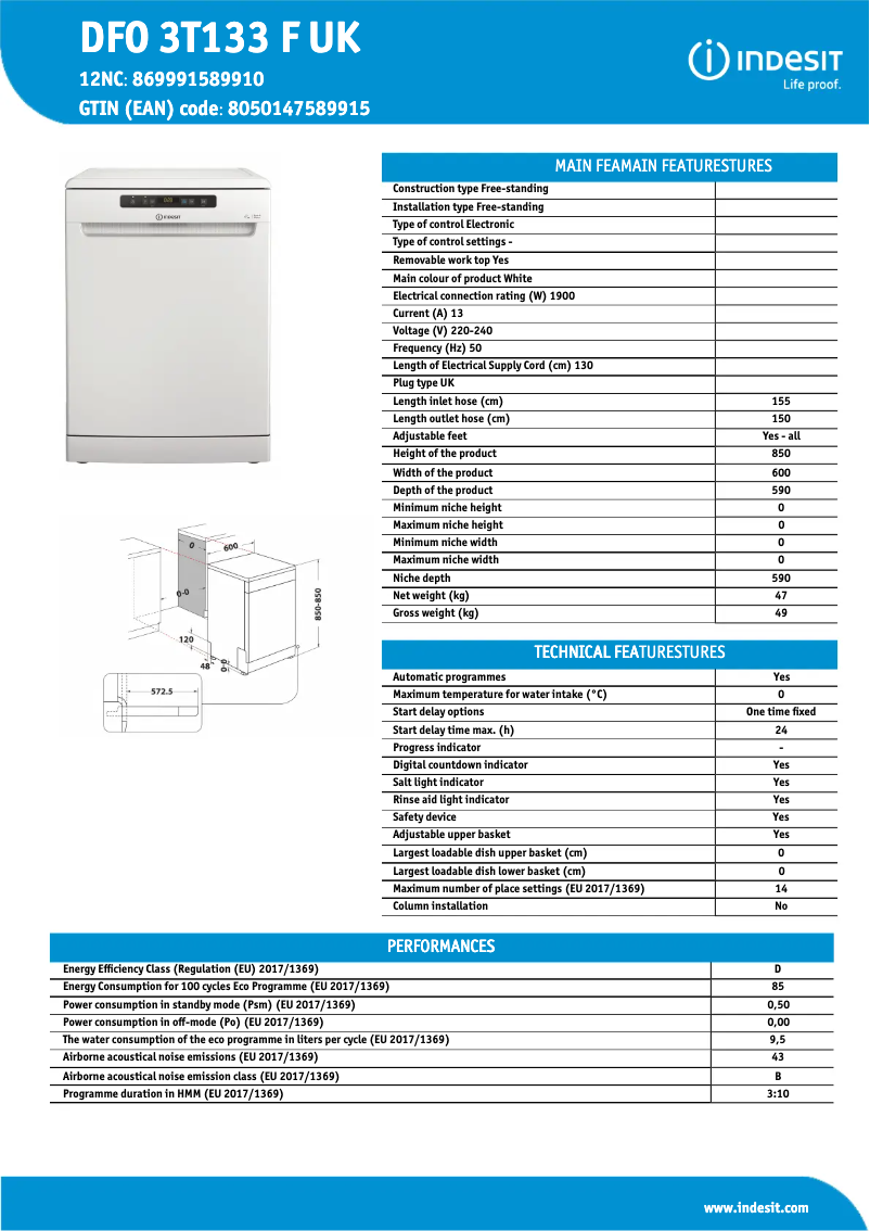 Page 1 de la notice Fiche technique Indesit DFO 3T133 F UK