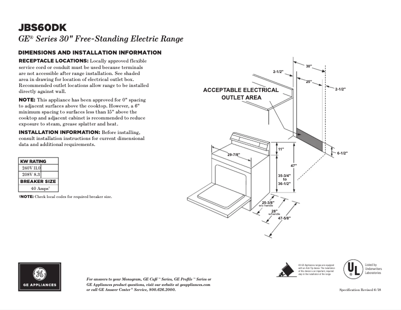 Página 1 del manual Ficha técnica GE JBS60DKWW