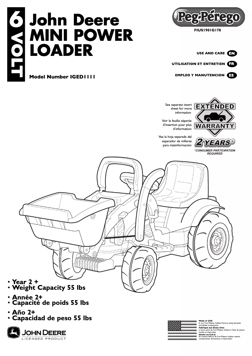 Page 1 de la notice Manuel utilisateur Peg Perego John Deere Mini Power Loader