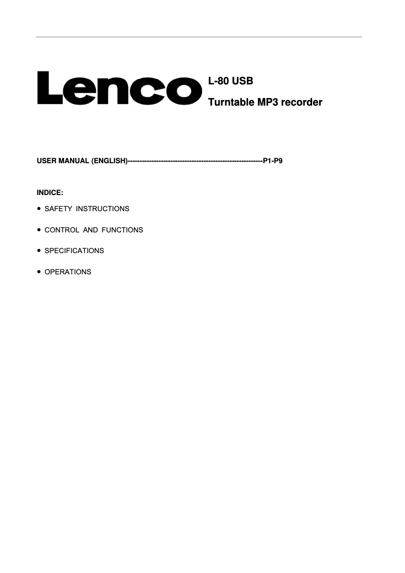 Page n°1 - Manuel utilisateur Lenco L-80 USB