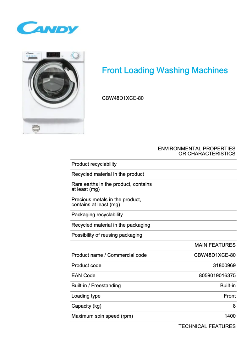 Page 1 de la notice Fiche technique Candy CBW48D1XCE-80