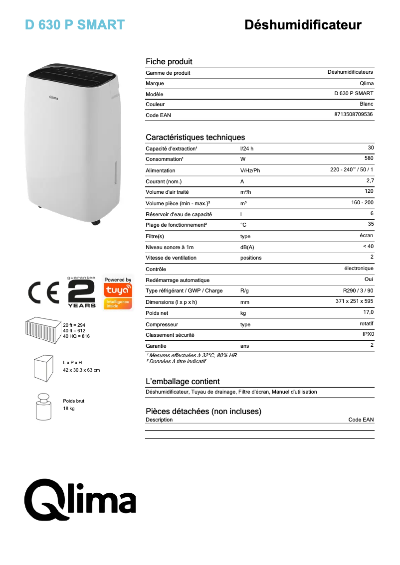 Page 1 de la notice Fiche technique Qlima D630P