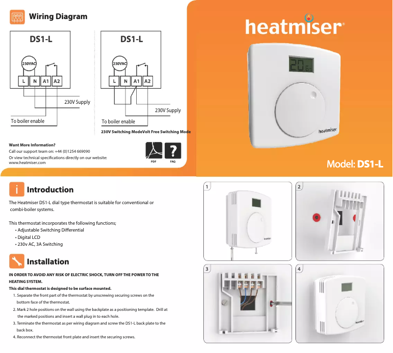 Page 1 de la notice Manuel utilisateur Heatmiser DS1-L