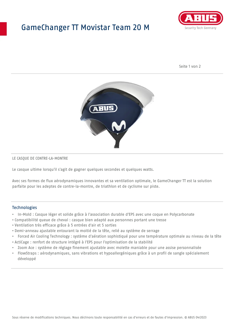 Página 1 del manual Ficha técnica Abus GameChanger TT