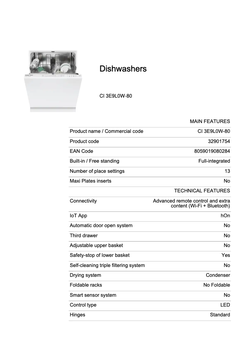 Page 1 de la notice Fiche technique Candy CI 3E9L0W-80
