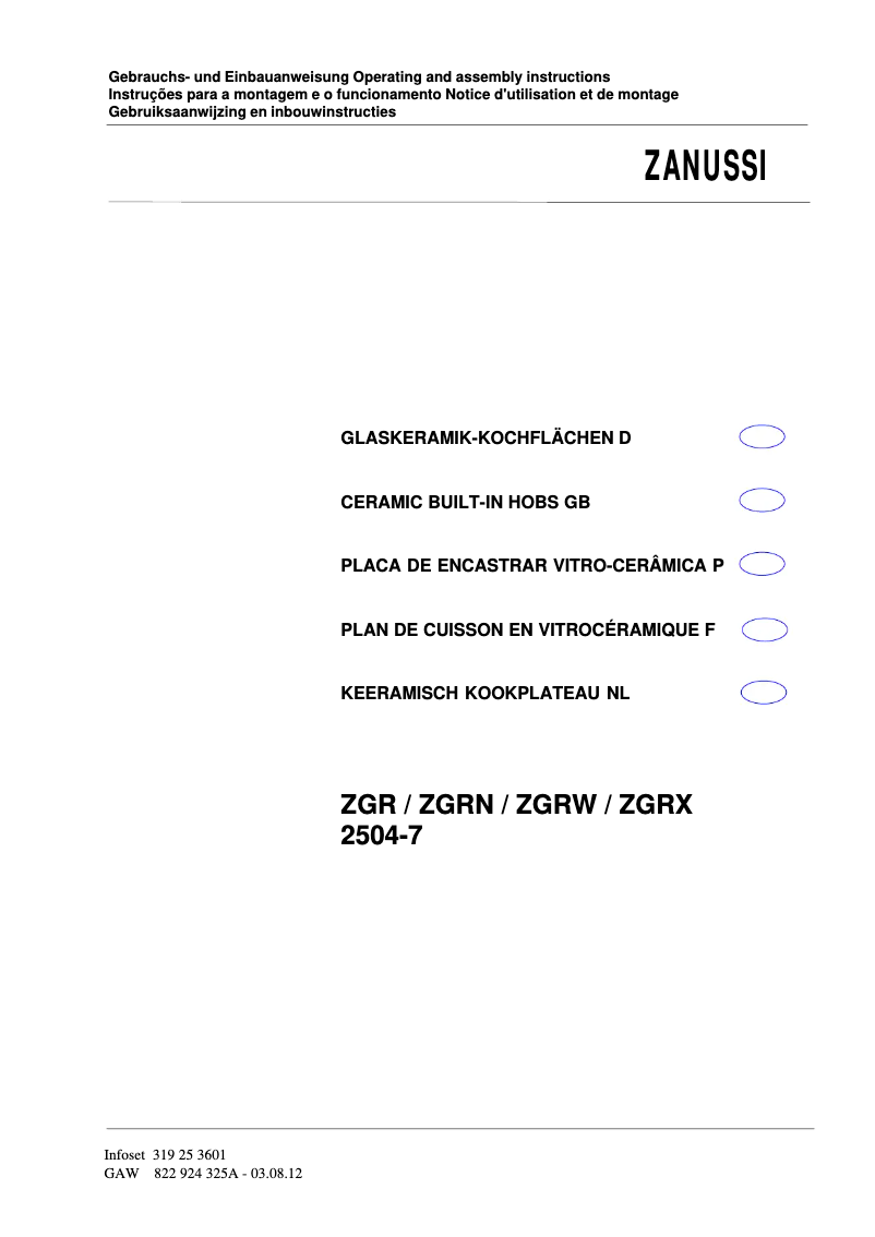 Page 1 de la notice Manuel utilisateur Zanussi ZGRX 2504-7