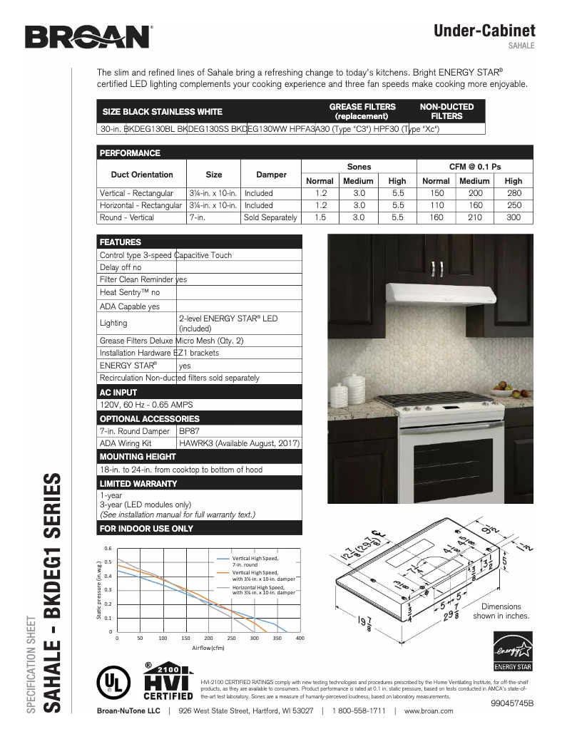 Page n°1 - Fiche technique Broan BKDEG130BL
