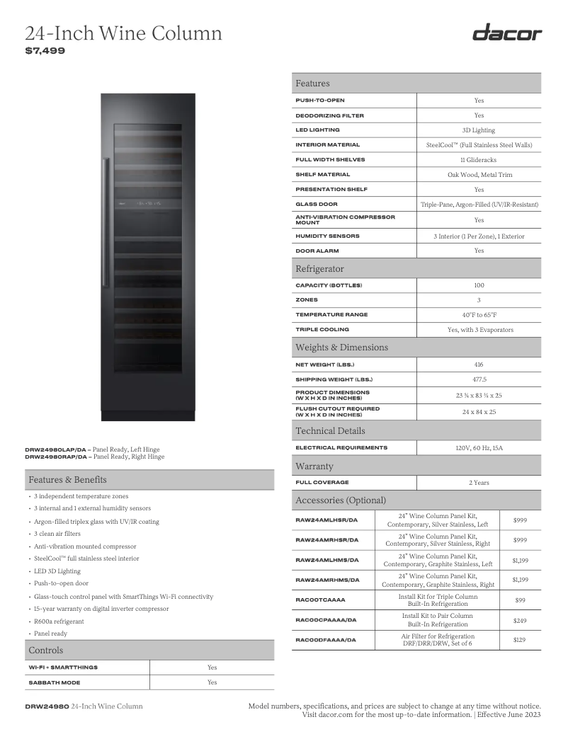 Page 1 de la notice Fiche technique Dacor RAW24AMLHSR
