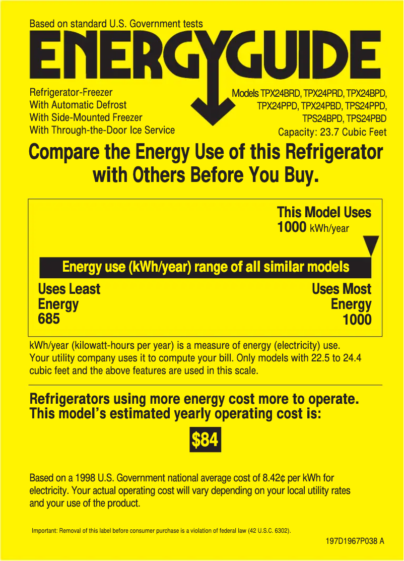 Page n°1 - Label énergétique GE Profile Performance TPX24PBDAA