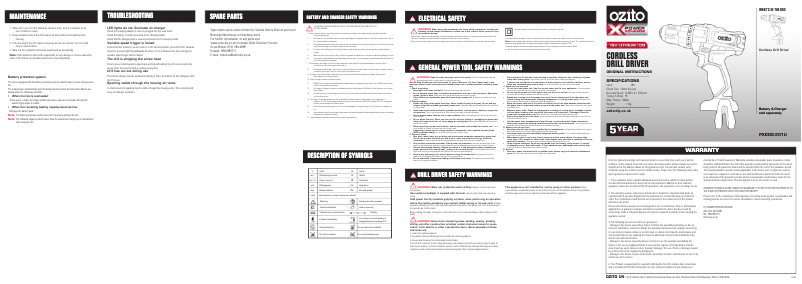 Page 1 de la notice Manuel utilisateur Ozito PXDDS-201U