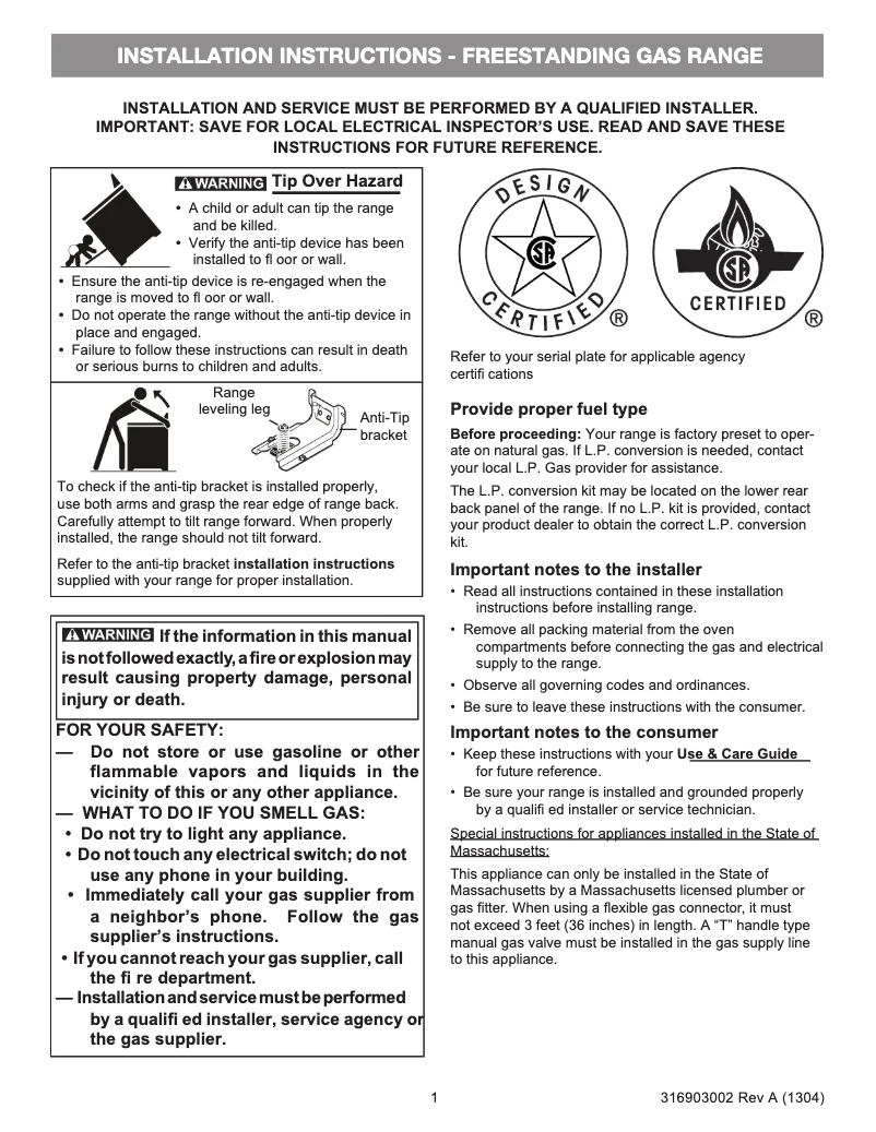 Page n°1 - Guide d'installation Frigidaire FFGF3024SS
