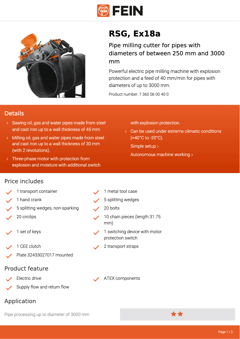 Página 1 del manual Ficha técnica Fein RSG, Ex18a