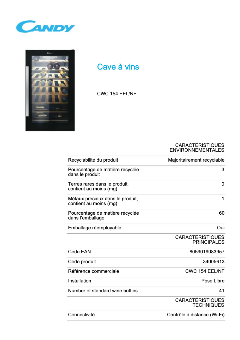 Page 1 de la notice Fiche technique Candy CWC 154 EEL/NF