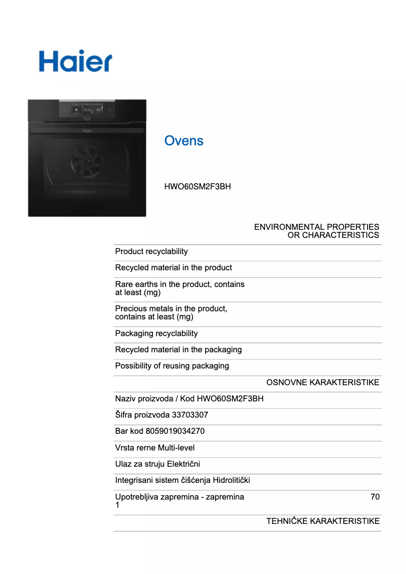 Page 1 de la notice Fiche technique Haier I-Turn Series 2 HWO60SM2F3BH