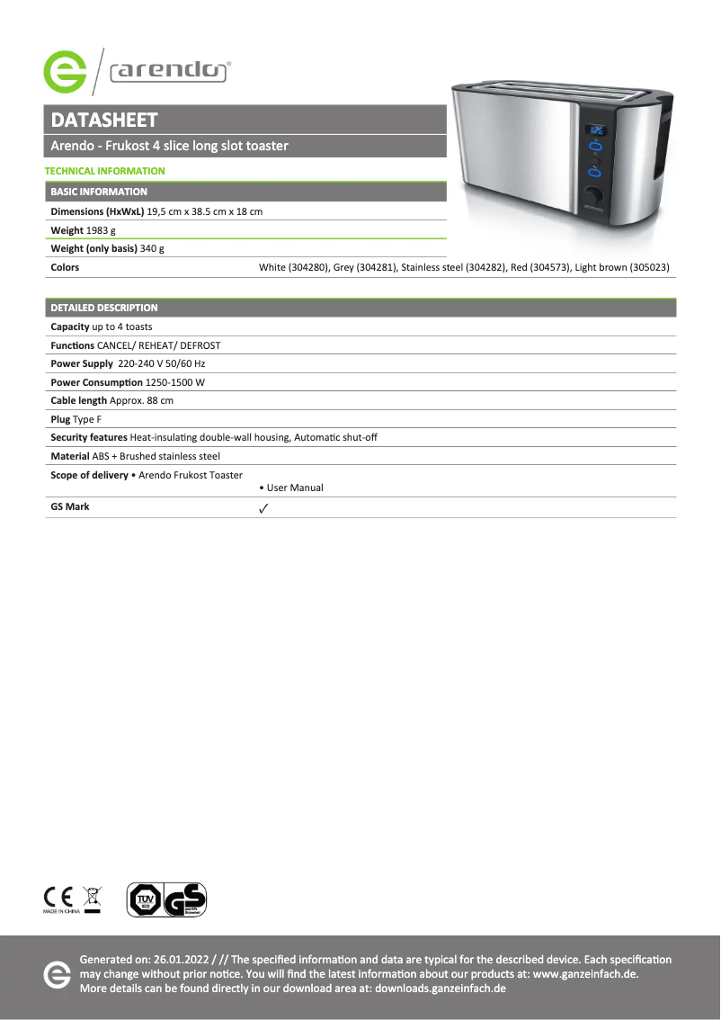 Page 1 de la notice Fiche technique Arendo Frukost 304282