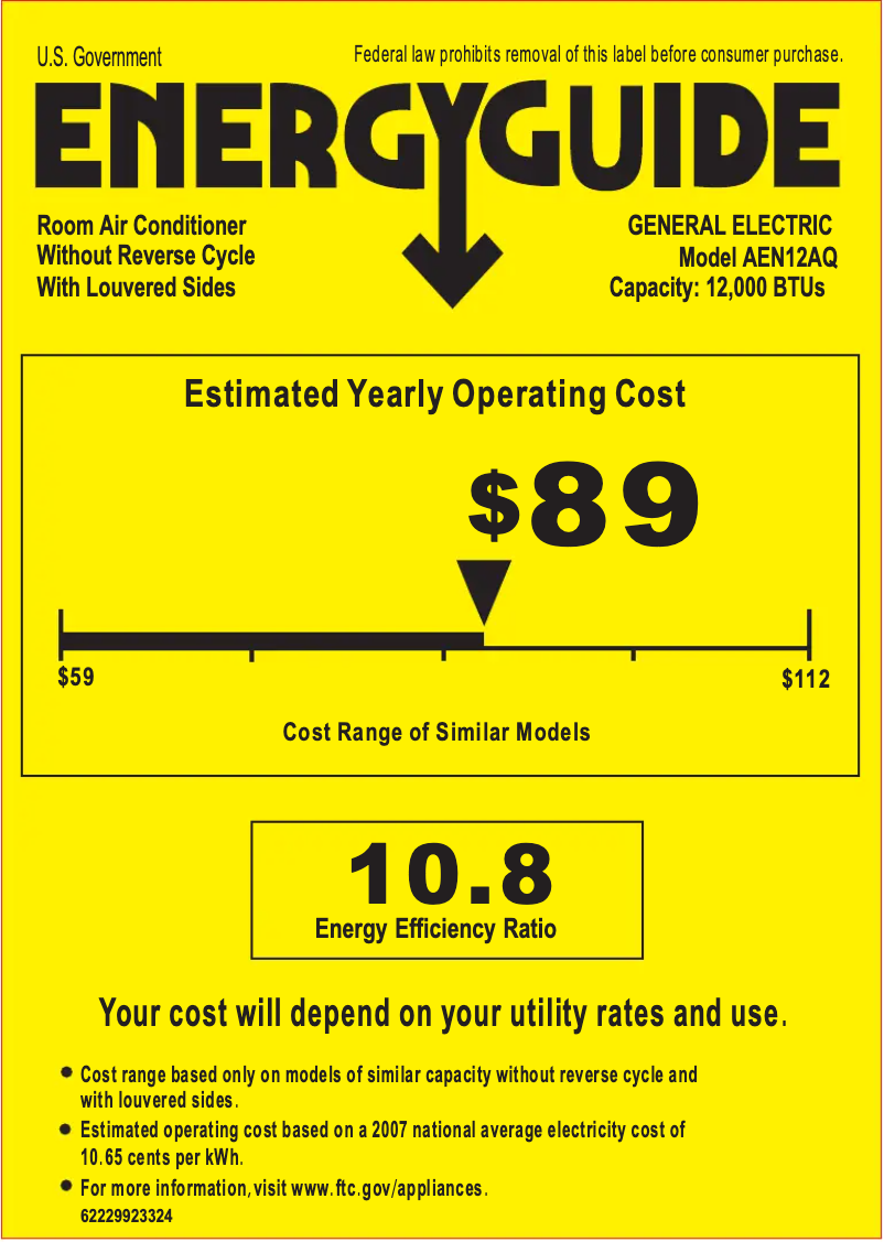 Page 1 de la notice Label énergétique GE AEN12AQ