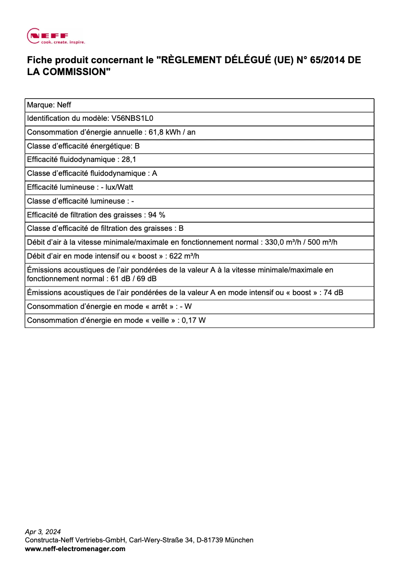 Page 1 de la notice Label énergétique Neff V56NBS1L0