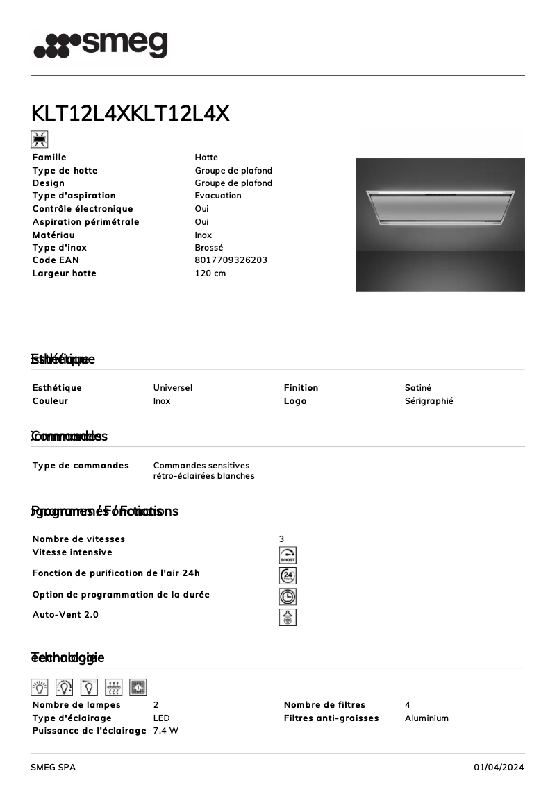 Page n°1 - Fiche technique Smeg KLT12L4X